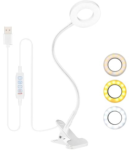 Desk Lamp Clip On Clamp Light & Clip Lights 3 Light Mode 10 Dimmable Brightness Eye Caring Book Adjustable for Reading Studying Working Video Conference Lighting - White