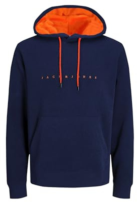 JACK & JONES JJESTAR JJ Sweat à Capuche pour Homme - Coupe décontractée, Navy Blazer (Shocking Orange), M