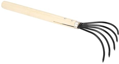 SUPYINI Rastrillo manual ergonómico para jardín, 5 dientes de acero, mango de madera, cultivador de garras para trabajar y aflojar el suelo (mango largo)