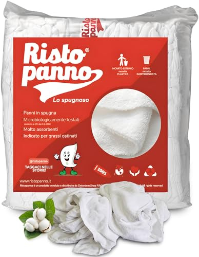 RISTOPANNO Lo Spugnoso – Panni Multiuso Bianchi in Spugna di Cotone Riciclato – Box 8 kg – 40/50 x 50/60 cm – Elevata Assorbenza per Liquidi e Grassi – Ideali per Ambienti Professionali