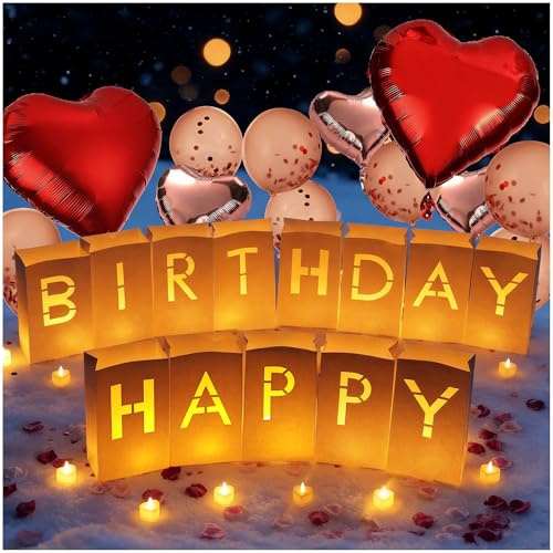Chanceboleng Happy Birthday Light Up Letters Luminary Bags with Tea Lights Candles, Latex Balloons, Aluminum Balloons and Rose Petals Surprise Gifts Banner Birthday Decorations for Women and Men