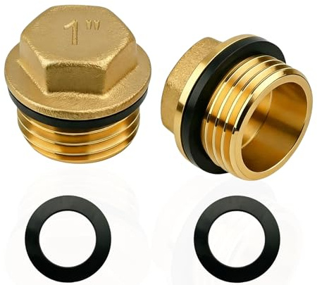 2 stycken G1 tum (Ø 32,5 mm) mässingsproppar, blindpluggar G 1 tum yttergänga, DN25, ändplugg rör, ändlock med gummiring G1 tum AG, förslutningsplugg mässing montering gängmontering