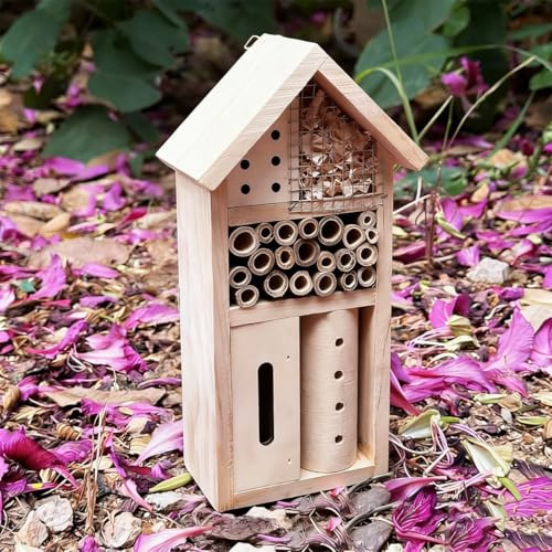 Wooden Insect Hotel for Garden - Bee House & Ladybug House, Pollinator Bug Hotel/Bug House to Attract Beneficial Garden Insects (Natural Wood Color)