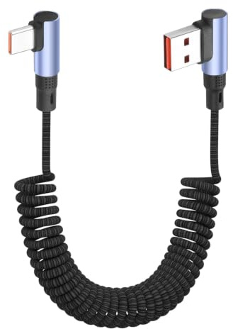 YACSEJAO 100W spoleformade USB A till USB C-kabel, rät vinkel, 1,5 meter uttågbar 90 graders USB typ C snabb laddningskabel, 6A spiral nylonflätad omvänd kontakt för telefon/laptop/bil (L-form)