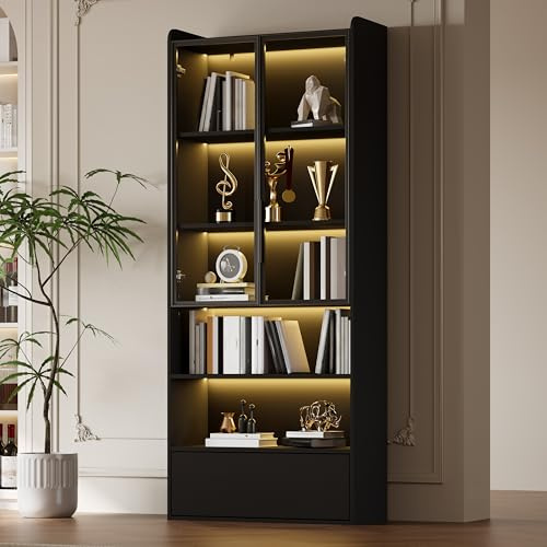 Wiuzo Vitrina, armario alto con 1 cajones y puertas de cristal, 80 x 34 x 180 cm, armario alto de cristal con LED y partición abierta, color negro