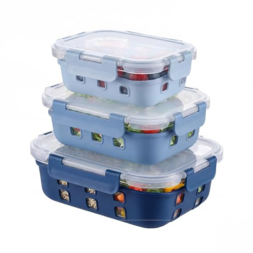 Amig - Lote 3 Contenedores Herméticos de Vidrio - 370ml, 640ml, 1050 ml - Transparente con Funda Extraíble de Silicona - Aptos para Almacenar, Transportar y Calentar Alimentos - Mod. 800