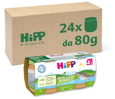 HiPP - Omogeneizzato di Pesce per Neonati, Gusto Merluzzo con Carote e Patate, Senza glutine e Senza Aggiunta di Sale e Aromi, 24 Vasetti da 80 g
