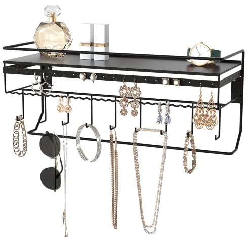 JackCubeDesign Wall Mounted classic Black Iron Designer made Cosmetics Storage Shelf w/Necklace Jewellery Organiser Shelf Earrings Holder – :MK238A