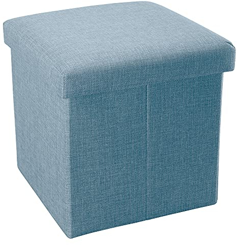 INTIRILIFE Faltbarer Sitzhocker 38x38x38 cm in Himmel BLAU - Sitzwürfel mit Stauraum und Deckel aus Stoff in Leinen Optik - Sitzcube Fußablage Aufbewahrungsbox Truhe Sitzbank