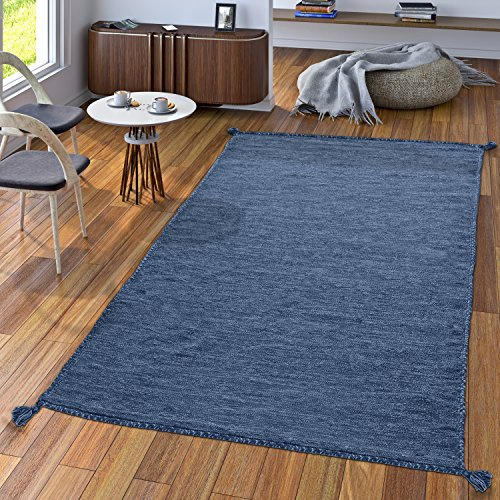 TT Home Handwebteppich Wohnzimmer Natur Webteppich Kelim Modern Baumwolle In Blau, Größe:240x340 cm