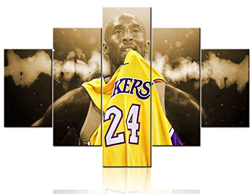 5 Piece Canvas Wall Art Sports Los Angeles Lakers Paintings Home Decor Basketball Prints on Canvas Kobe Bryant Modern Artwork Picture for Living Room Framed Stretched Ready to Hang - 60''Wx40''H