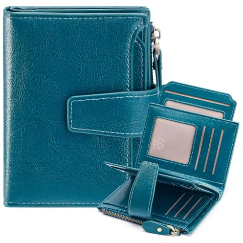 GOIACII RFID Women's Wallet Small Ladies Credit Card Holder Leather with Zipper Pocket 4 ID Windows Wax Teal