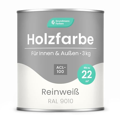 Grundmann Holzfarbe ACL 100 - Holzlack 3 Kg Weiss - 4in1 inkl. Grundierung - Seidenmatt - Wetterfest für Innen und Außen - RAL 9010 Reinweiss