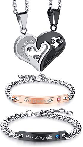 Flongo Pulsera Collar Parejas Amor: Acero Inoxidable Set Joyería Para Él Ella - Color Negro Oro Rosa Regalo San Valentín Navidad