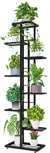 IBEQUEM 8 Tier Metal Tall Plant Stand, Multiple Flower Pot Holder Shelves, Planter Rack Storage Organizer Display for Indoor Outdoor Balcony Garden (Black)