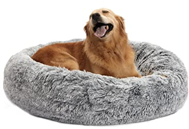 Bedfolks Calming Donut Dog Bed, 36 Inches Round Fluffy for Large Dogs, Anti-Anxiety Plush, Machine Washable (Dark Grey, Large)