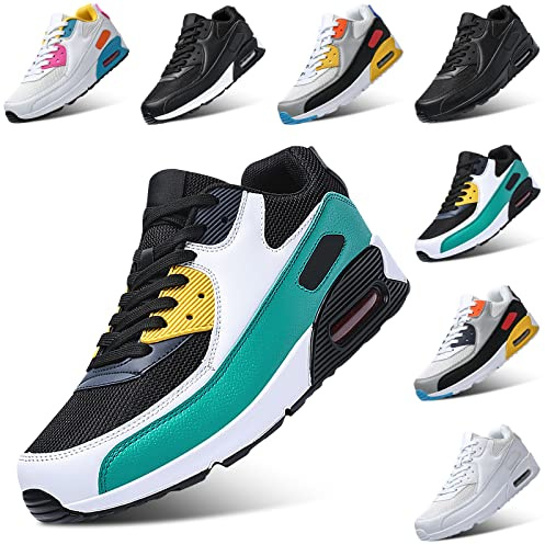 Padgene Men Women Running Shoes Sports Trainers Breathable Lightweight Sneakers Air Cushion Low Top Footwear Waking Fitness Lace up Shoes for Walking Gym Jogging Fitness Athletic Casual Black Blue