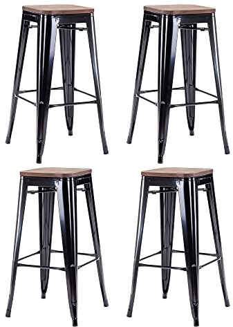 Duhome Barhocker Eisen Barstühle 4er Set, Sitzhöhe 76cm Tresenhocker, Stapelbar Metall Bistrohocker mit Fußstütze, Stizfläche aus Holz, Schwarz+Dunkles Holz