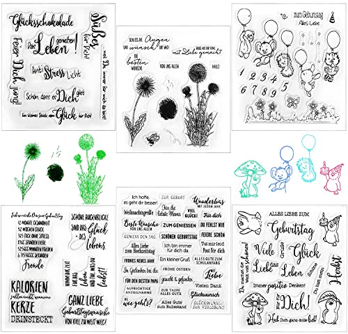 Silikonstempel Clear Stamps Sprüche Deutsch Set Geburtstag Stempel Silikon Clear Stempel Tiere und Blumen Stempelset für DIY Bullet Journal Scrapbooking Fotoalbum Stampin up(6 Blätter)