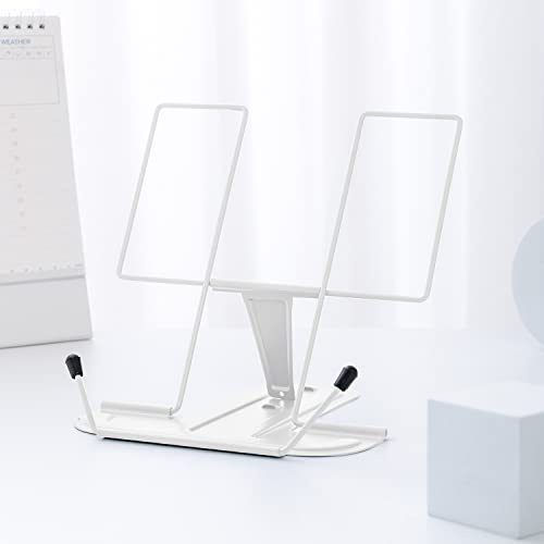 Book Stand for Reading, MSDADA Recipe Book Holder Cookbook Stand for Kitchen, Adjustable Metal Document Holder for Desk Textbook Presentation Material Tablet Music Book Stands for Display(White)
