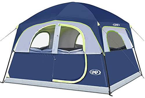UNP Zelte für 6 Personen, wasserdicht, Winddicht, einfache Installation, Doppellagiges Familien-Campingzelt mit 1 Netztür und 5 großen Netzfenstern – 2,4 x 2,9 x 198 cm (H) (dunkelblau)