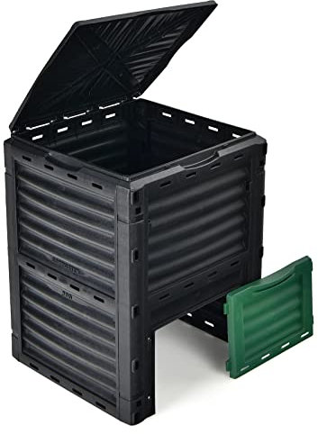 GiantexUK Outdoor Plastic Compost Bin, 300L Garden Composter with Large Flip Door & Latch-on Lid, All-weather Resistant Waste Recycling Box for Grass and Food (Black+Green)