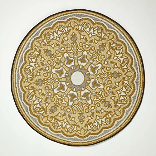 Homescapes wetterfester Outdoor Teppich rund – Rae Gartenteppich beige-gelb-grau Gemustert, beidseitig verwendbar, recyceltes Polypropylen, für Balkon, Terrasse, Camping & Indoor, Ø180 cm