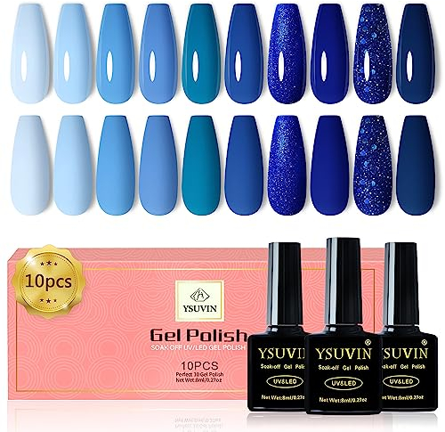 Yueshop 10 Pcs Blue Series Gel Nail Polish Set - 8ml Blue Light Blue Dark Blue Glittle Gel Polish Set, Long Lasting High Glossy Soak Off UV Gel Nail Varnish Set Art Manicure