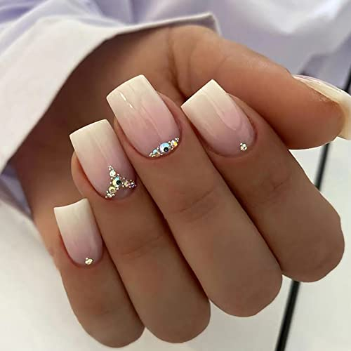 MissJelly 24 Stück Eckig Nägel Zum Aufkleben Kurz mit Strass, Nude French Künstliche Nägel, Short Kunstnägel Press on Nails, Square Fingernägel Fake Nails Kurz für Frauen