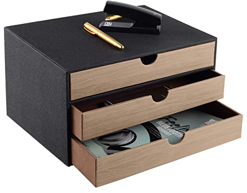 XNONE Home Office Schubladenbox A4 PU Leder,Schreibtisch Organizer,Schubladenbox für Dokumente und Bürobedarf mit 3 geschlossenen,Schreibtischbutler Büro Ablagesystem,Desktop Aufbewahrungsbox,Schwarz
