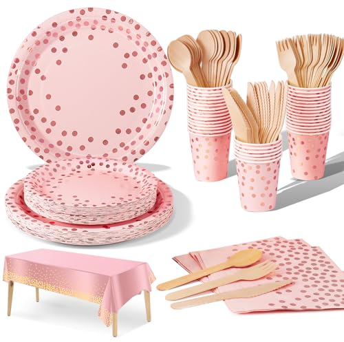 Nkaiso Stoviglie per Feste 141 Pezzi Rosa e Rosa Oro Festa della Addobbi Ragazza di Compleanno dei Dambini Articoli per Feste Set Include Piatti di Carta Tovaglioli Tazze di Carta stoviglie -20 Ospiti