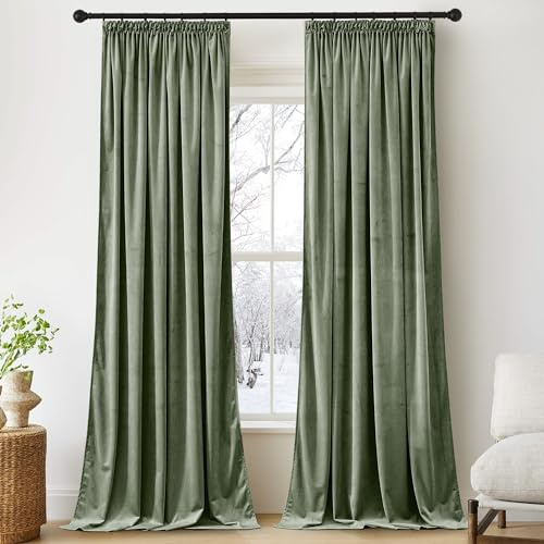 PONY DANCE Sammetsgardin, gardin set med 2 paneler, mjuk finett, opacitet, fönsterdekoration, veckband för hem, sovrum/vardagsrum/kontor, hotell, B 132 x H 240 cm, 2 st, celadon
