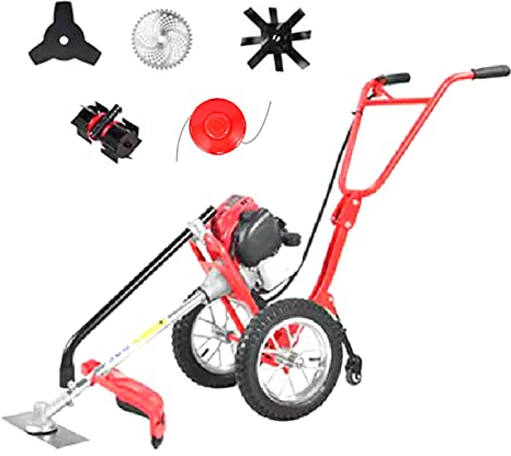 Suuim Cortacésped de Gasolina, cortacésped de 4 Tiempos con Operador a pie, 4 Cuchillas de Corte + Rueda de desmalezado + escarificador, deshierbador pequeño Multifuncional para huerto y jardín