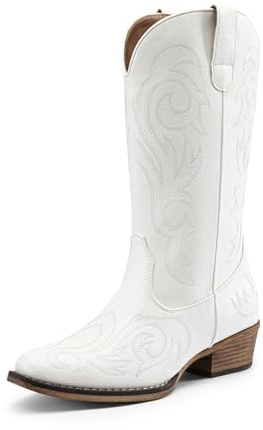 DREAM PAIRS Women's Slip-on Mid-Calf Cowboy Boots | 7.67 shaft, side zip, PU upper, pleated design, ankle protection, for parties/proms