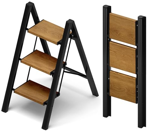 Taranta 3 Step Ladder,Aluminum Lightweight Folding 3 Step Stool with Anti-Slip Wide Pedal, 330lbs Capacity Step Ladder for Household,Kitchen,Office - BlackWoodgrain