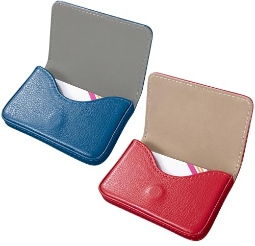 Newellsail Visitenkartenetui PU-Leder Visitenkartenhalter im Flip-Style Namenskartenetui mit Magnetverschluss Kreditkartenetui für Damen und Herren 2 Stück (Blau und Rot)