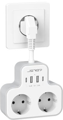 JSVER Regletas Enchufes USB C,Ladron Enchufes con 2 Tomas y 4 Puertos de USB(2 USB A y 2 USB C) Enchufe Alargador Multiple Pared Cable Corto-Blanco