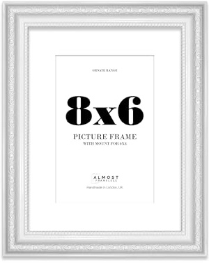 8x6 White Ornate Photo Frame With White Mat For 6x4 Picture, Ready to Hang, 1 Pack