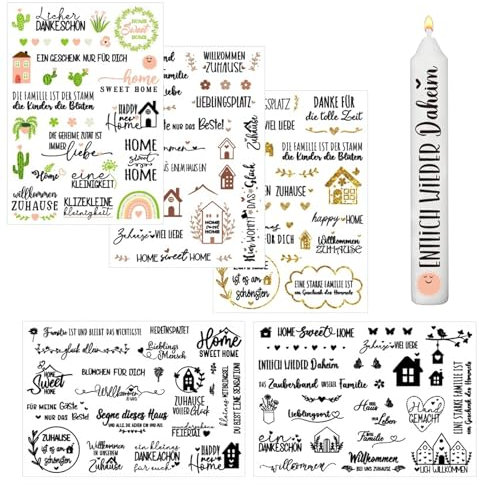 5 Stück Kerzentattoo,Wassertransferdruck |wasserschiebefolie Kerzen | Kerzenfolie | kerzenaufkleber | Kerzen dekorieren |Sprüche & Bilder Home zum Verschenken