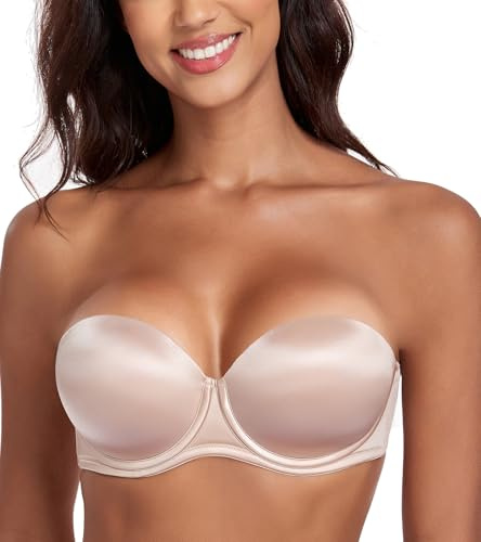 Lemorosy Women's Push Up Strapless Bra Thick Padded Underwire Multiway Convertible Add a Cup(Beige,34C)