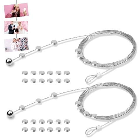 2 Stück Fotoseil, Fotodrahtseil 200 cm x 1,2 mm mit 24 Magneten, Fotoleine aus Metall, Fotoseil, Fotodraht mit Magneten zum Aufhängen von Fotos