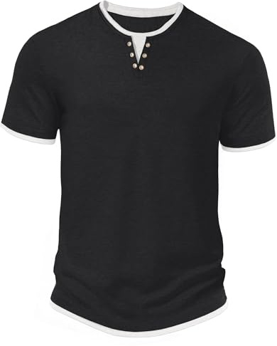 Hisir T-shirt d'été Henley à manches courtes et col rond pour homme - Coupe droite - Décontracté - Couleurs contrastées classiques