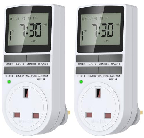 2 Pcs Digital Security Timer Plug Socket with 10 ON-Off Programs, Electrical Timer Plug with LCD Display, Security Random Mode, Suitable for Home Appliances, Indoor Lights (240V/13A/3120W)
