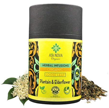 Aja Nova Organic Plantain & Elderflower Loose Leaf Herbal Infusion + 15 Unbleached Tea Bags – Respiratory & Immune Support