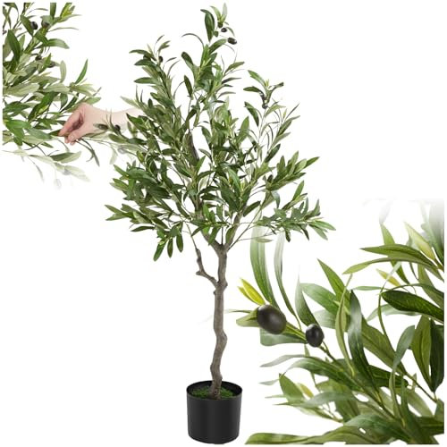 tectake® Olivo Artificial Grande con Tronco de Árbol, Hojas y Olivas Realistas, Planta Artificial Grande para Decoracion Salon, Plantas Artificiales Grandes, Plantas Decorativas - 120 cm de Alto