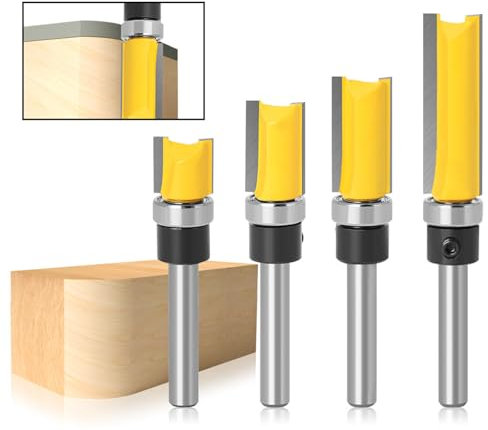 Router Bit Set - Professional Straight Flush Trim Pattern Router Bit with Bearing Wood Top,Router Bits 1/4 Shank for DIY Woodworking Milling Tools Template Hardwood Particle Board Cabinets,Pack of 4