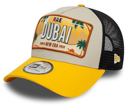 New Era Dubai Gorra de Camionero Sombrero Ajustable Visera Curva Malla A-Frame Beige Amarillo
