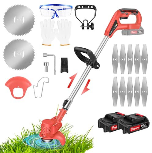 Desbrozadora Electrica Cortacesped Manual Cortabordes a Bateria con 2 Baterías y 12 Cuchilla de Metal, Mango Ajustable, Tubo Telescópico, Cortabordes Electrico para Exterior para Césped Jardín Campo