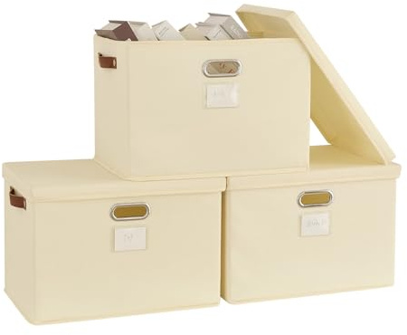 Bagnizer Storage Boxes with Lids 3PCS Foldable Fabric Storage Boxes Large Stackable Storage Baskets for Shelves Storage Box for Clothes Wardrobe Beige Collapsible Decorative Storage Bins 43x30x30cm