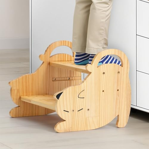 COSYLAND Toddlers Step Stool with Handle - Height Adjustable Wooden Nursery Stool for Toilet Potty Training, Bathroom, Kitchen, Stable & Non-slip (Cat Shaped)